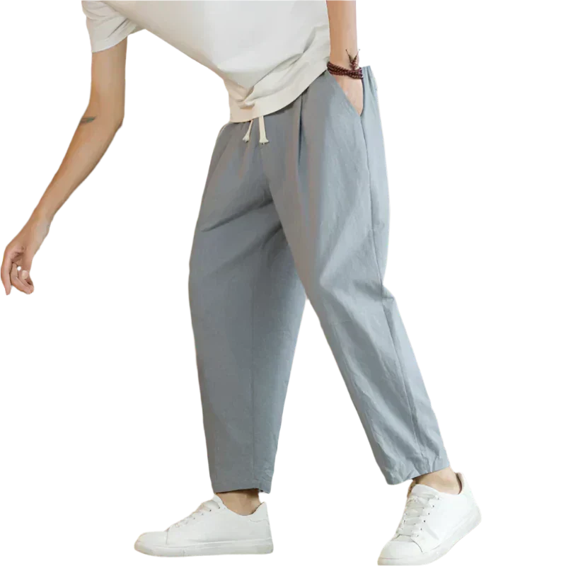 Light gray cotton pants with drawstring waist, relaxed tapered leg, ankle length