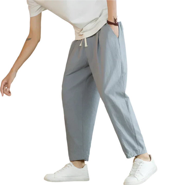 Light gray cotton pants with drawstring waist, relaxed tapered leg, ankle length
