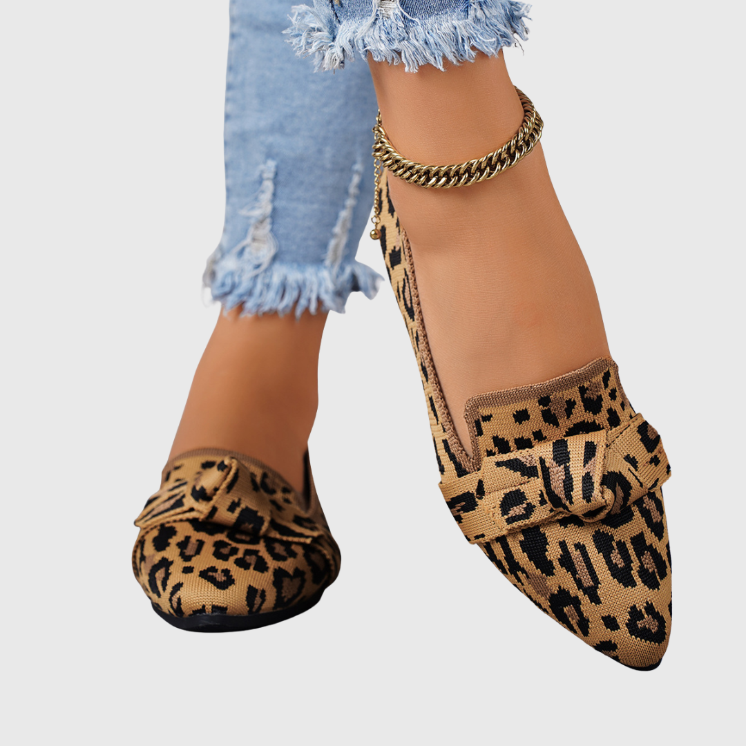 Leopard print knot flats in tan and brown, knotted strap slip-on flat sole