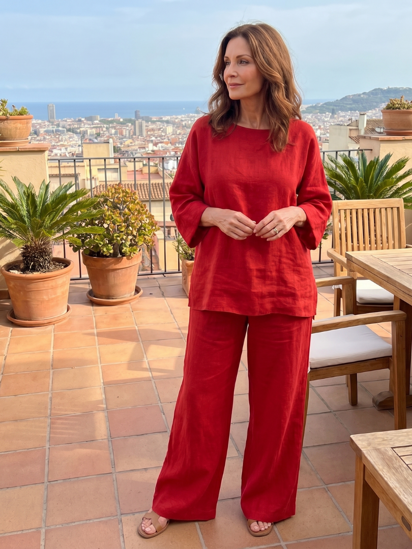 Red two-piece wide-leg pants set with tunic top and wide trousers, front view