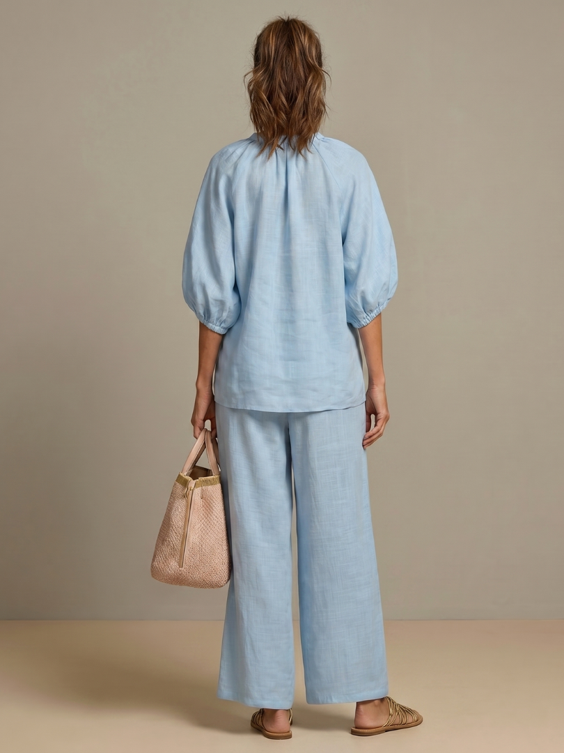 Light blue blouse and wide-leg pants set, back view, elastic cuffs, drawstring waist