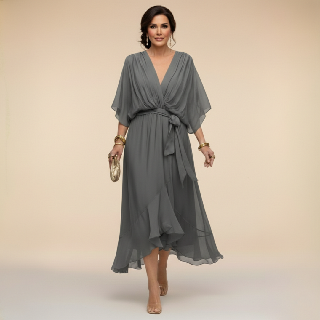 V-neck chiffon dress, gray, 3/4 sleeves, tie waist, layered skirt hem