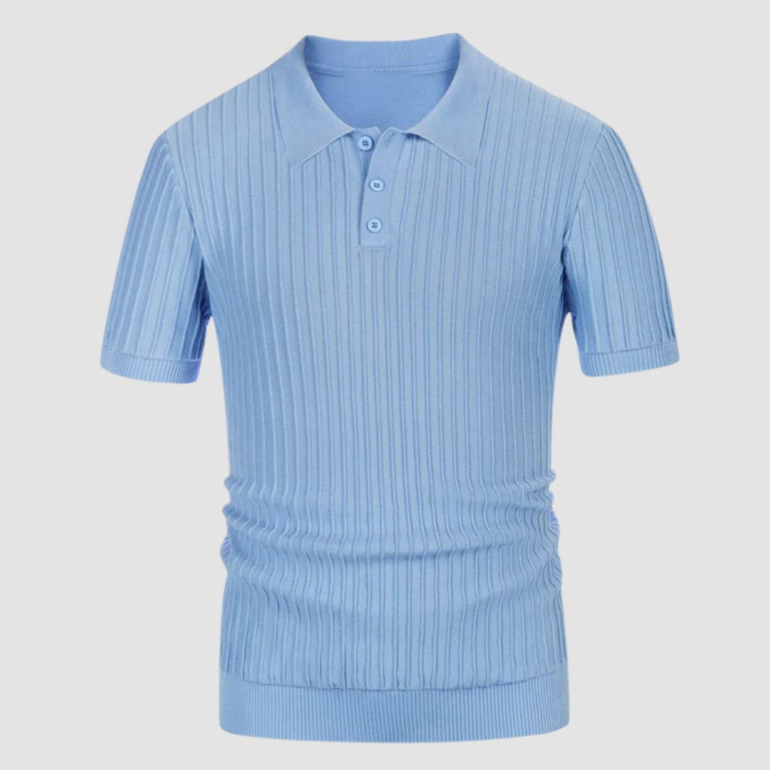 Blue rib-knit polo shirt with button placket, short sleeves, and knit collar