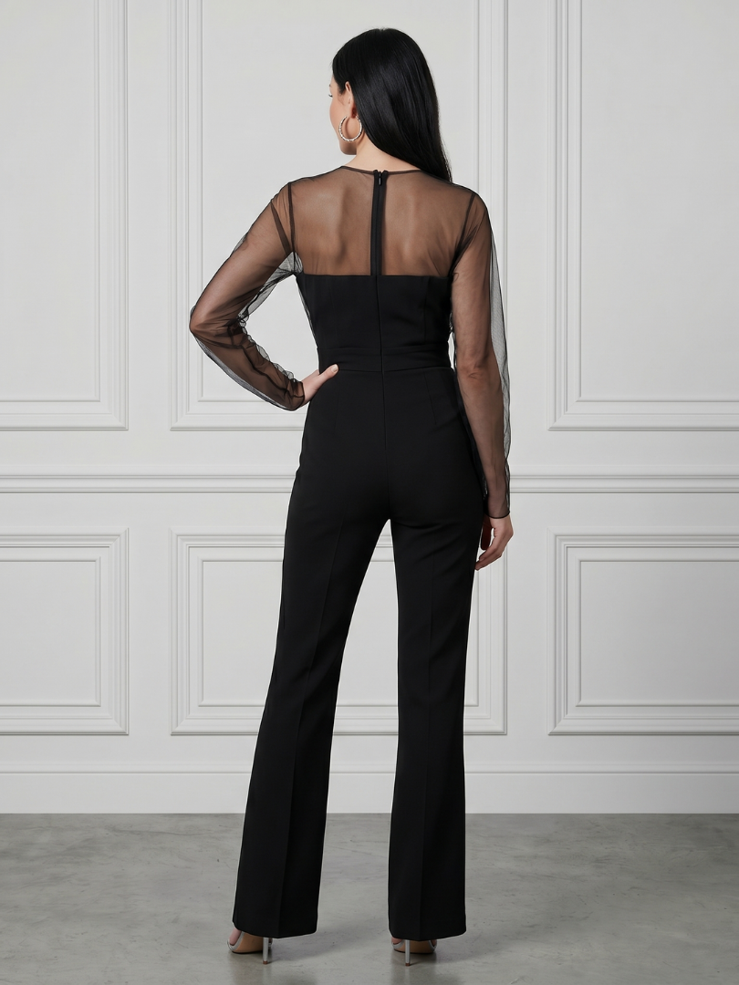 Black sheer-sleeve jumpsuit with open-back design and wide-leg pants, back view