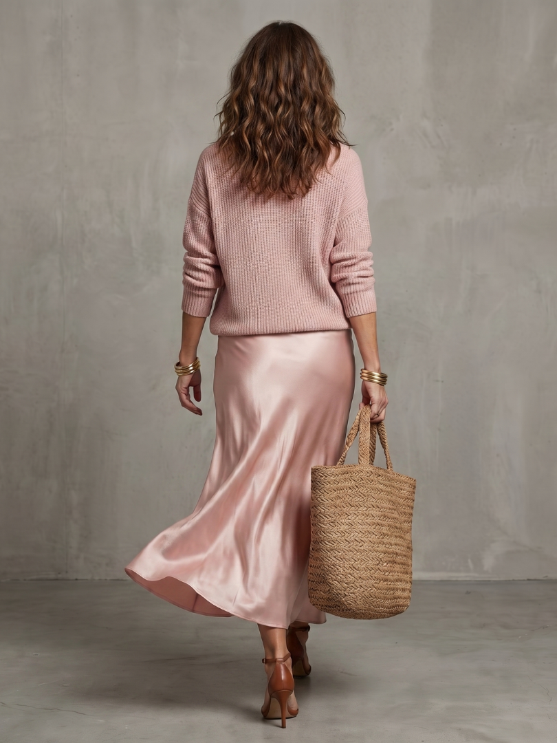 Women’s satin two-piece set in pink: back view of knit sweater and flowing satin skirt