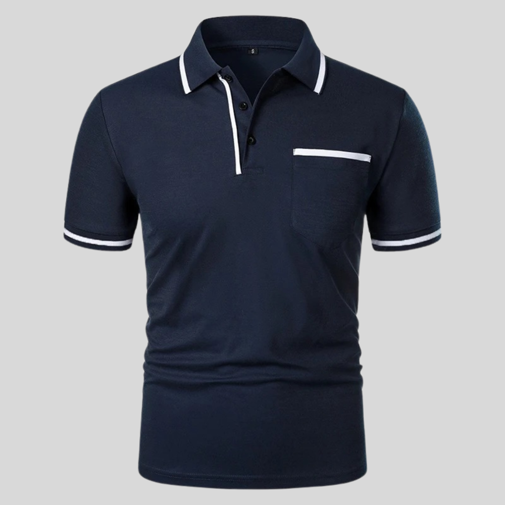 Navy blue short-sleeve polo shirt with white trim, button placket, and chest pocket.