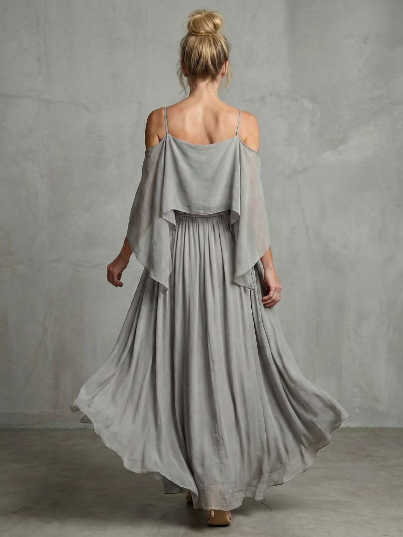 Gray cold-shoulder maxi dress, open back, draped sleeves and pleated skirt