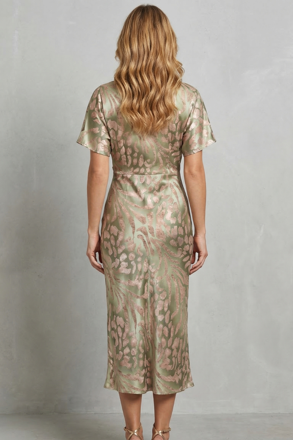 Green patterned back view maxi dress with draped waist and short flutter sleeves