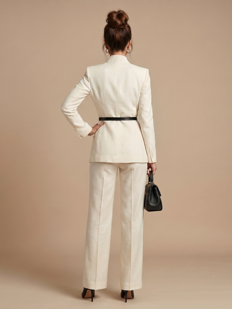 Women's belted blazer set in white, back view with waist belt and matching trousers