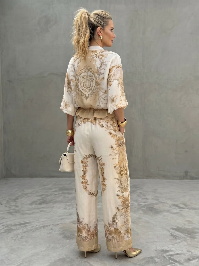 Printed pants set in cream with tan floral, back view of blouse and wide-leg pants