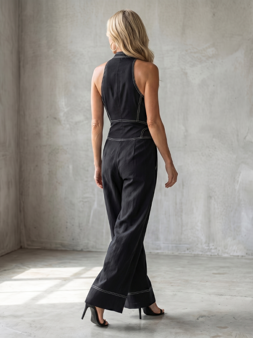 Women’s zip-front jumpsuit, black sleeveless with open back and wide-leg pants