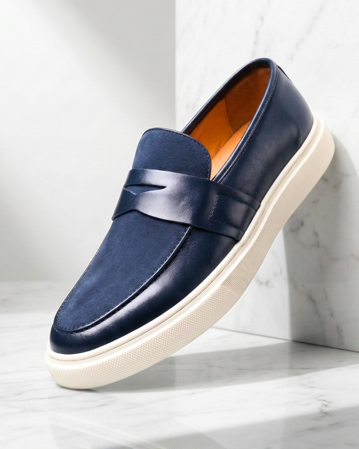 Blue leather slip-on loafer with strap detail and white textured sole