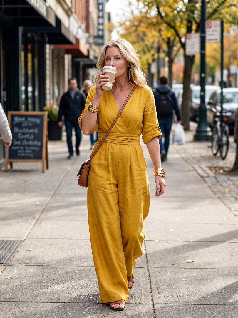 Yellow wide-leg wrap jumpsuit, V-neck with tie waist and relaxed draped fit