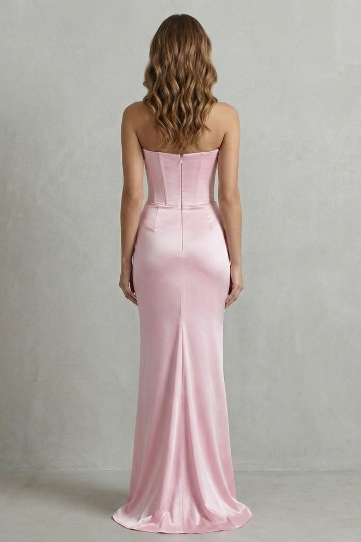 Baby pink strapless corset maxi dress with sleeveless back and vertical seams
