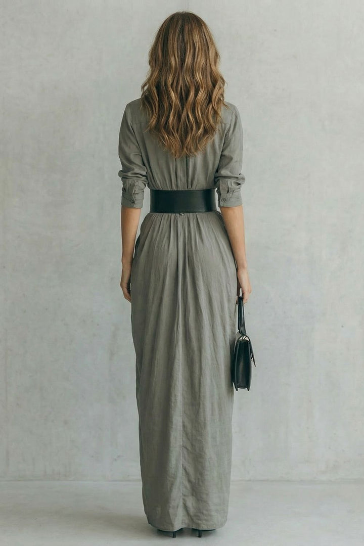 Gray shirt dress back view with elastic waist, belted waist, long gathered skirt.