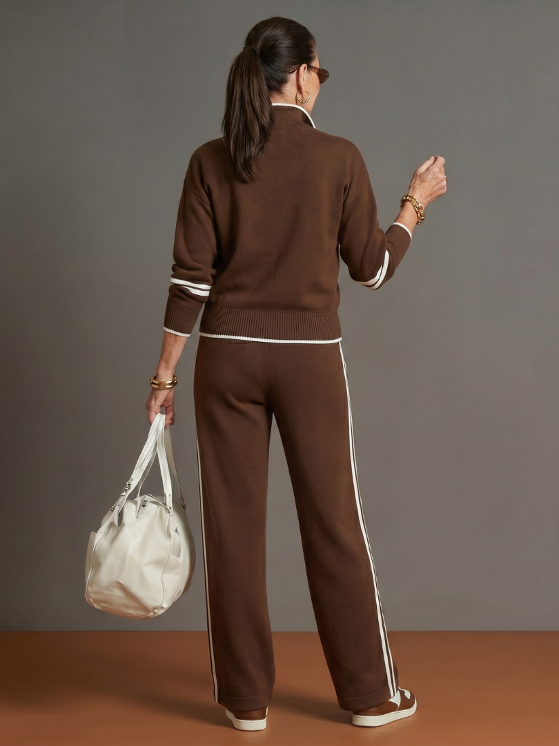 Women’s quarter-zip two-piece set in brown with white trim, knit top and matching track pants