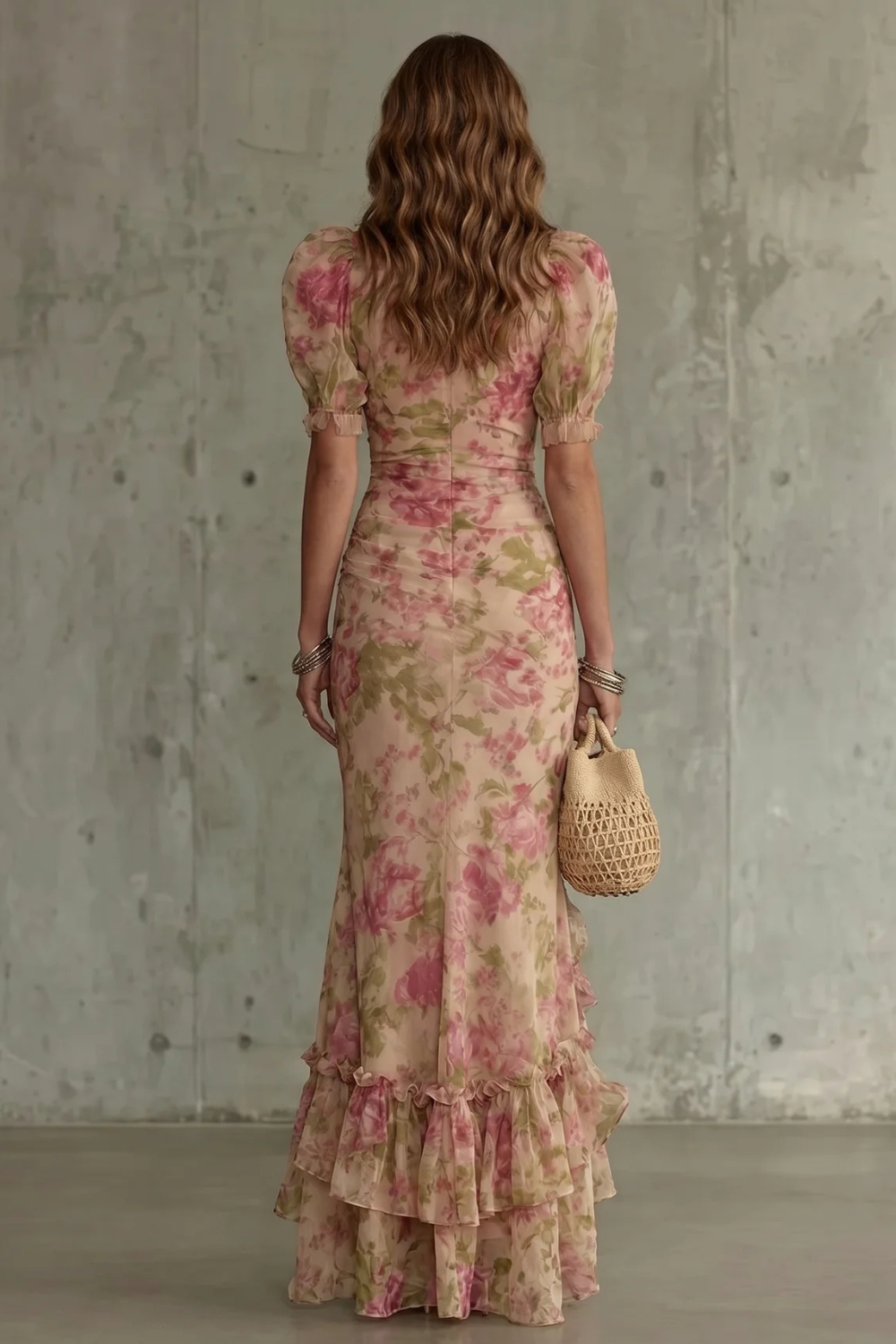 Pink floral puff-sleeve maxi dress, back view with tiered ruffle hem