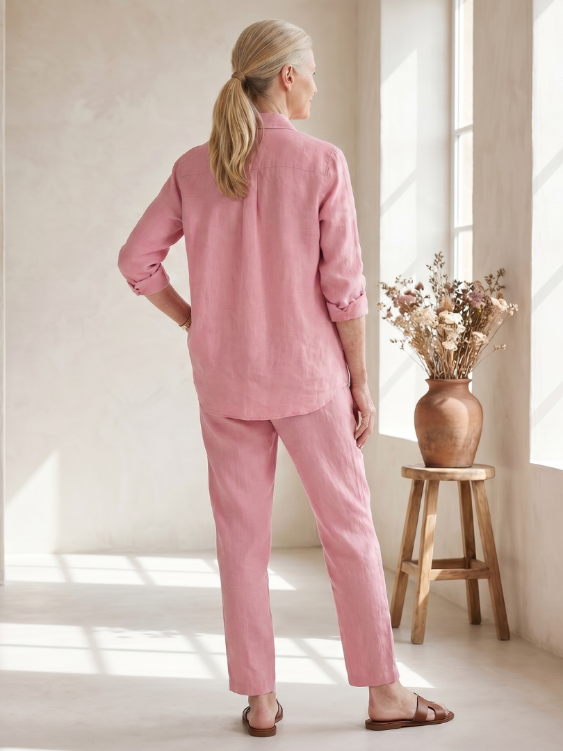 Pink button-front shirt and drawstring pants two-piece set, back view