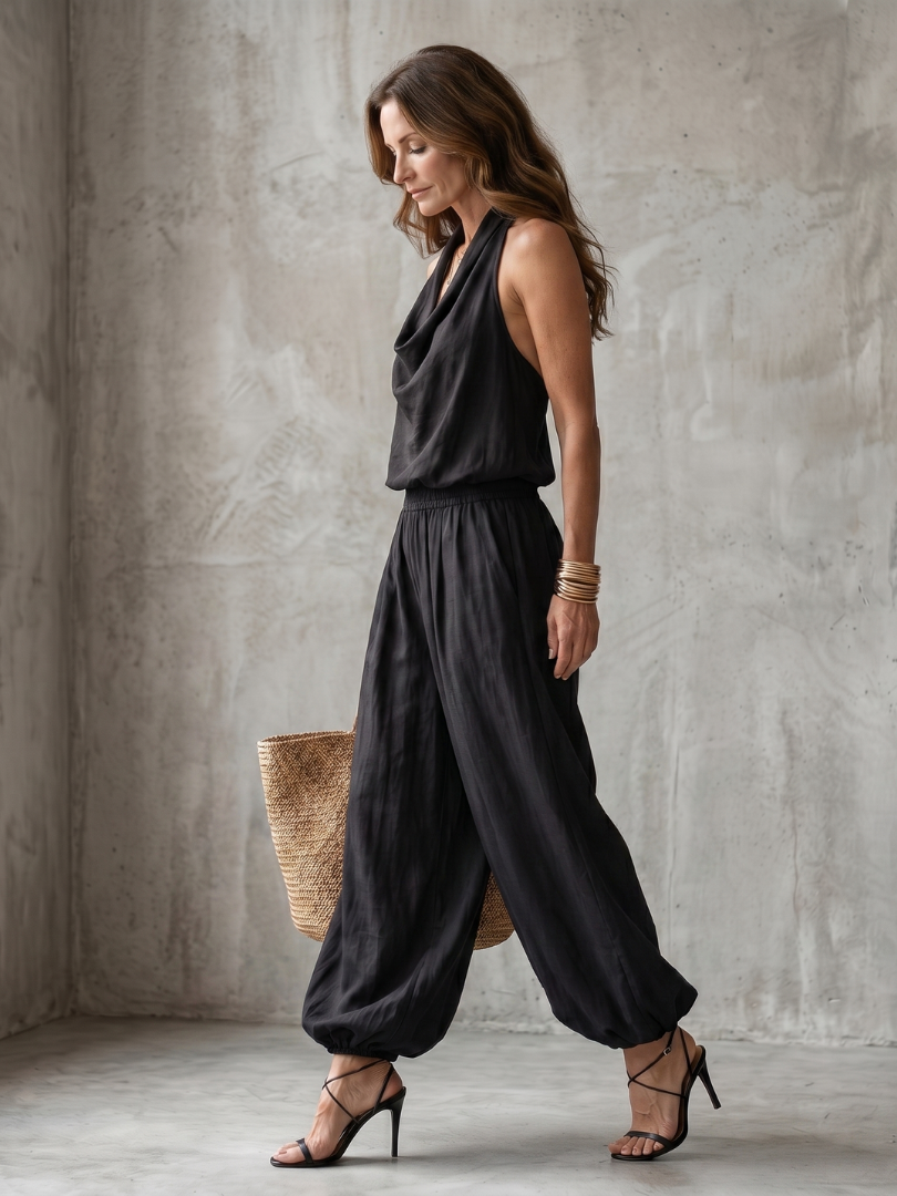 Black draped halter-style sleeveless top and loose wide-leg pants set