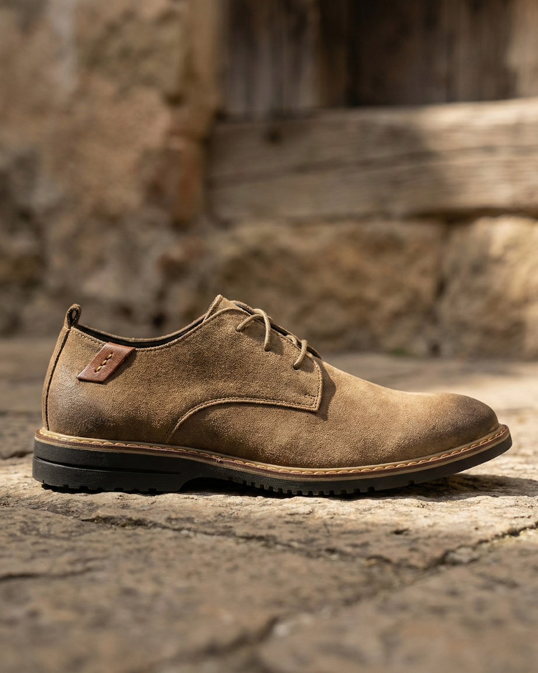 Khaki leather Oxford shoes, lace-up front with tan stitched welt and rubber sole