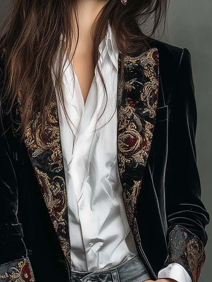 Vivienne | Black Velvet Baroque Longline Blazer