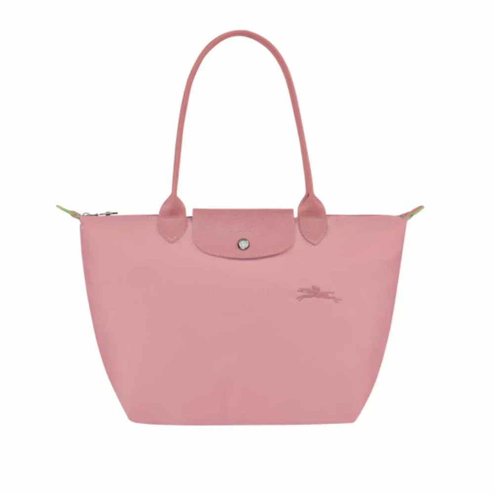 Longchamp medium Le Pliage tote in petale pink with snap front pocket and long handles