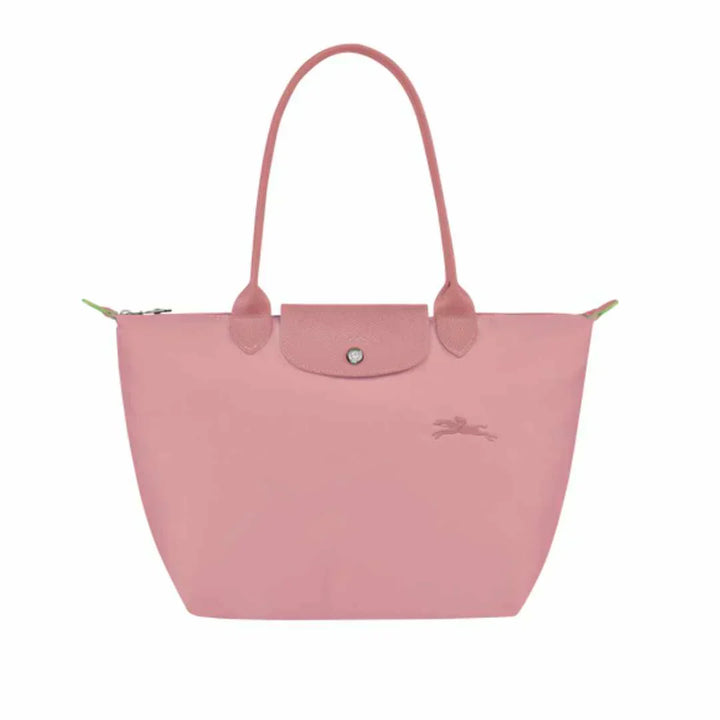 Longchamp medium Le Pliage tote in petale pink with snap front pocket and long handles