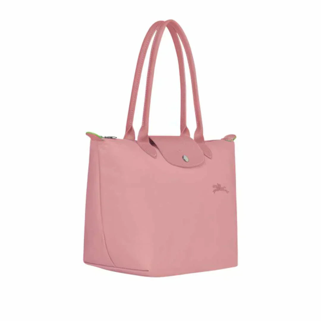 Longchamp medium Le Pliage tote, petale pink, open top with snap closure and twin handles