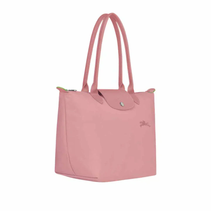 Longchamp medium Le Pliage tote, petale pink, open top with snap closure and twin handles