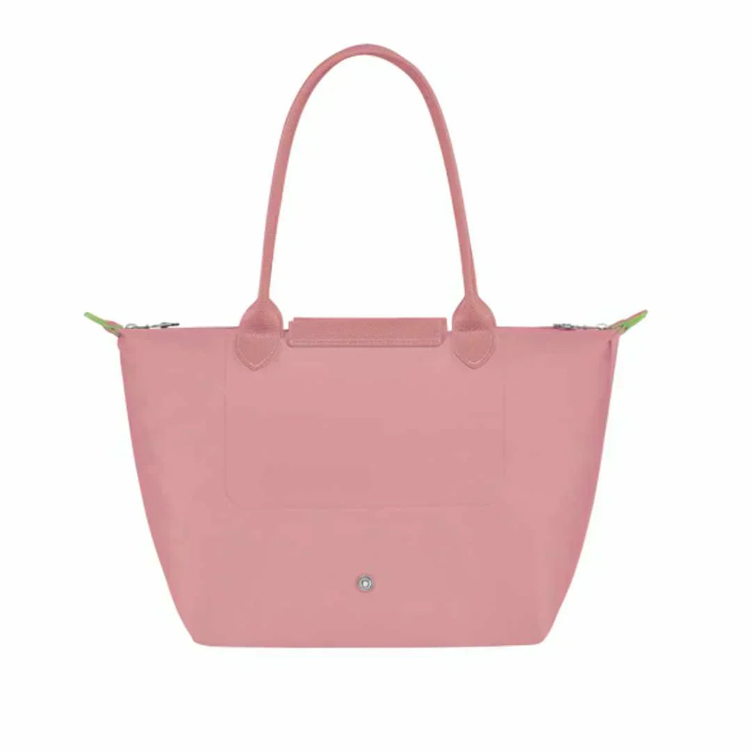 Longchamp medium Le Pliage tote in petale pink with front button pocket and sturdy handles