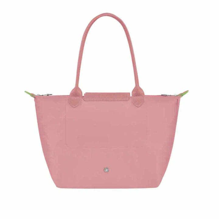 Longchamp medium Le Pliage tote in petale pink with front button pocket and sturdy handles