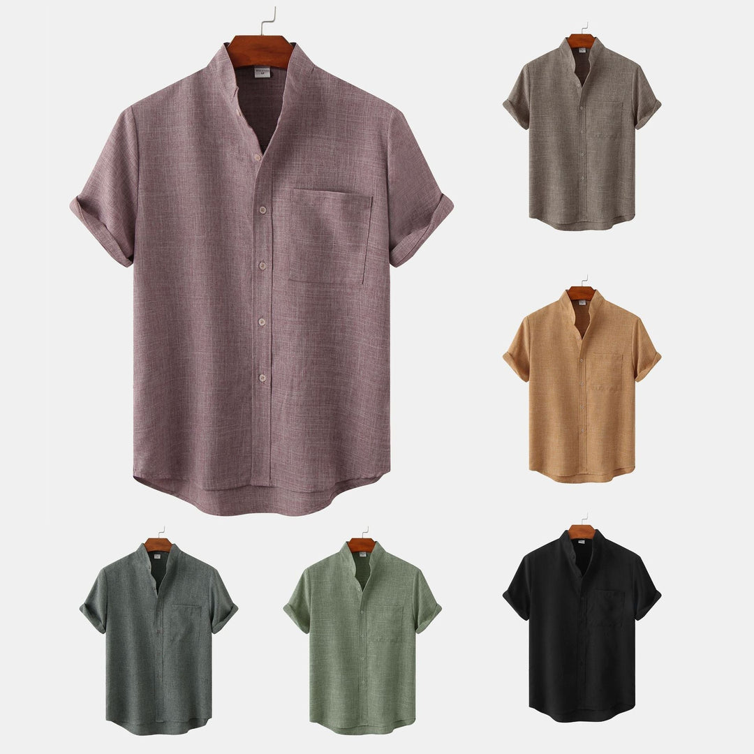 Solid cotton button-up shirts, short sleeves, shown in assorted colors.