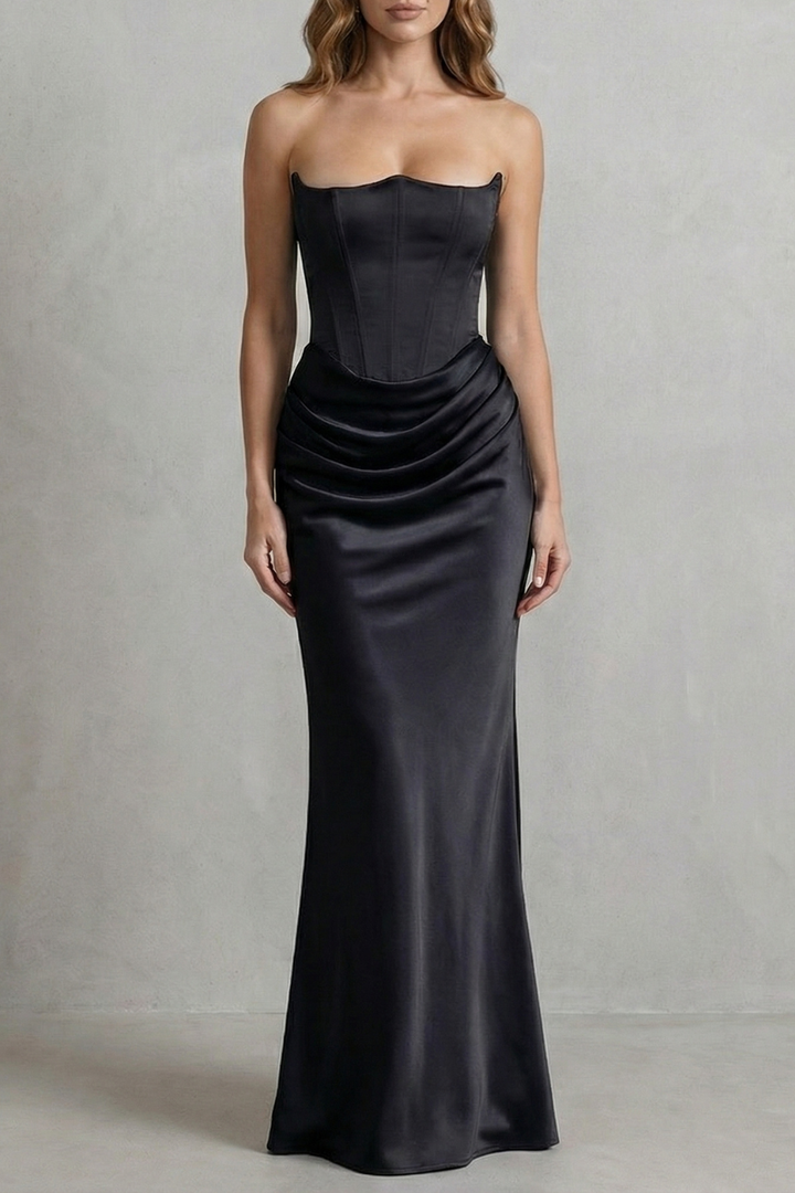 Black strapless corset maxi dress with ruched satin drape at hips