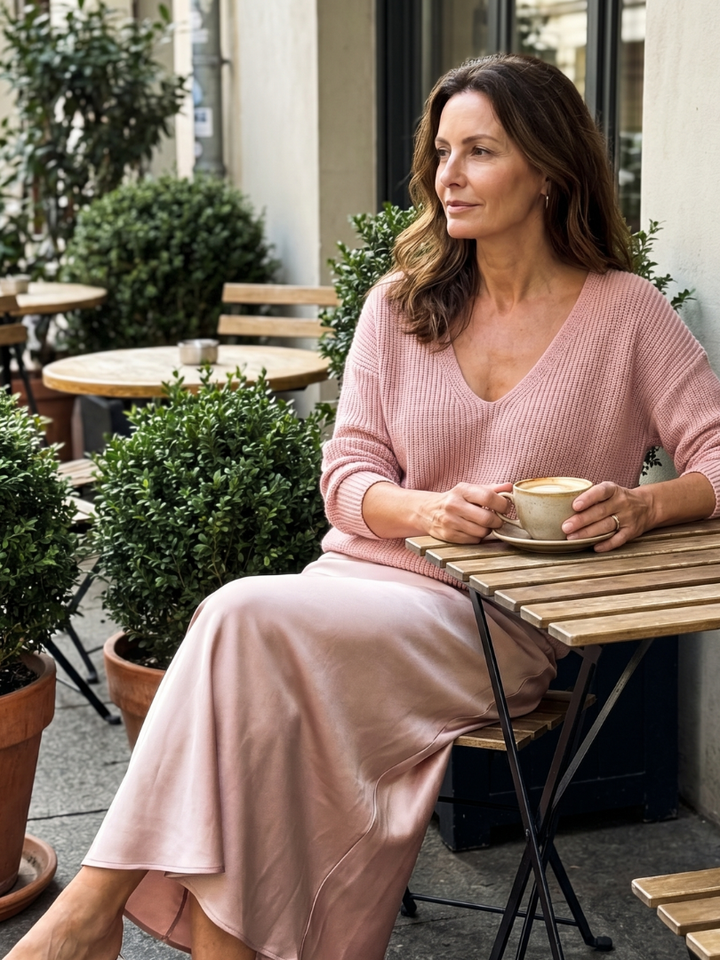 Women’s satin two-piece set in pink: knit V-neck sweater paired with satin maxi skirt