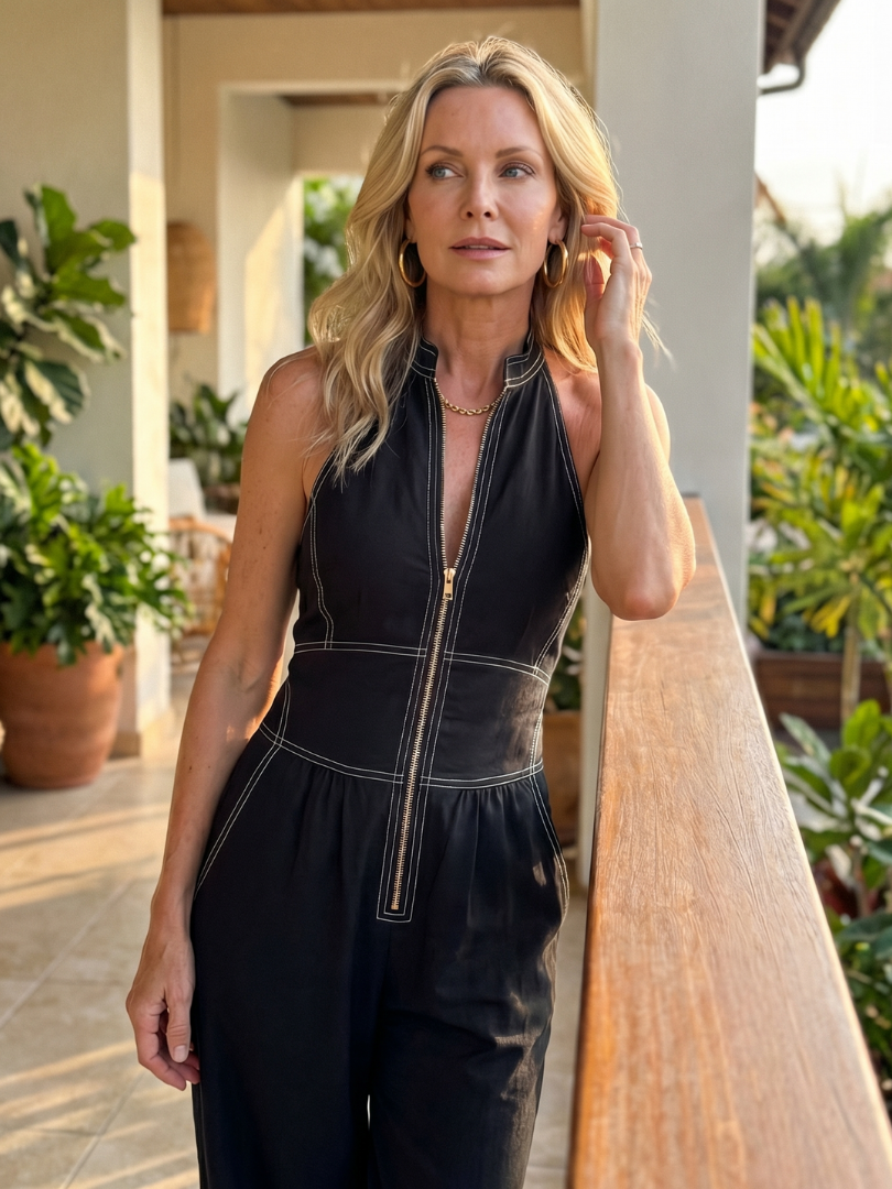 Women’s zip-front jumpsuit in black with sleeveless V-neck and contrast trim lines