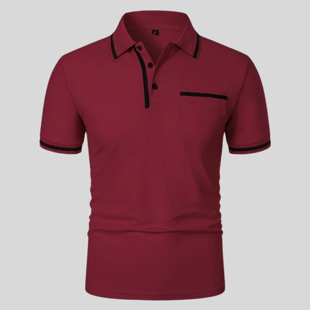 Burgundy red short-sleeve polo shirt with black trim, button placket, and chest pocket.