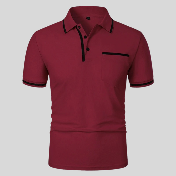 Burgundy red short-sleeve polo shirt with black trim, button placket, and chest pocket.