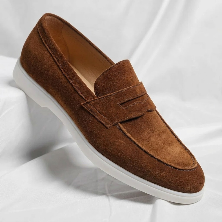 Men's suede loafers in dark brown with slip-on strap and white rubber sole