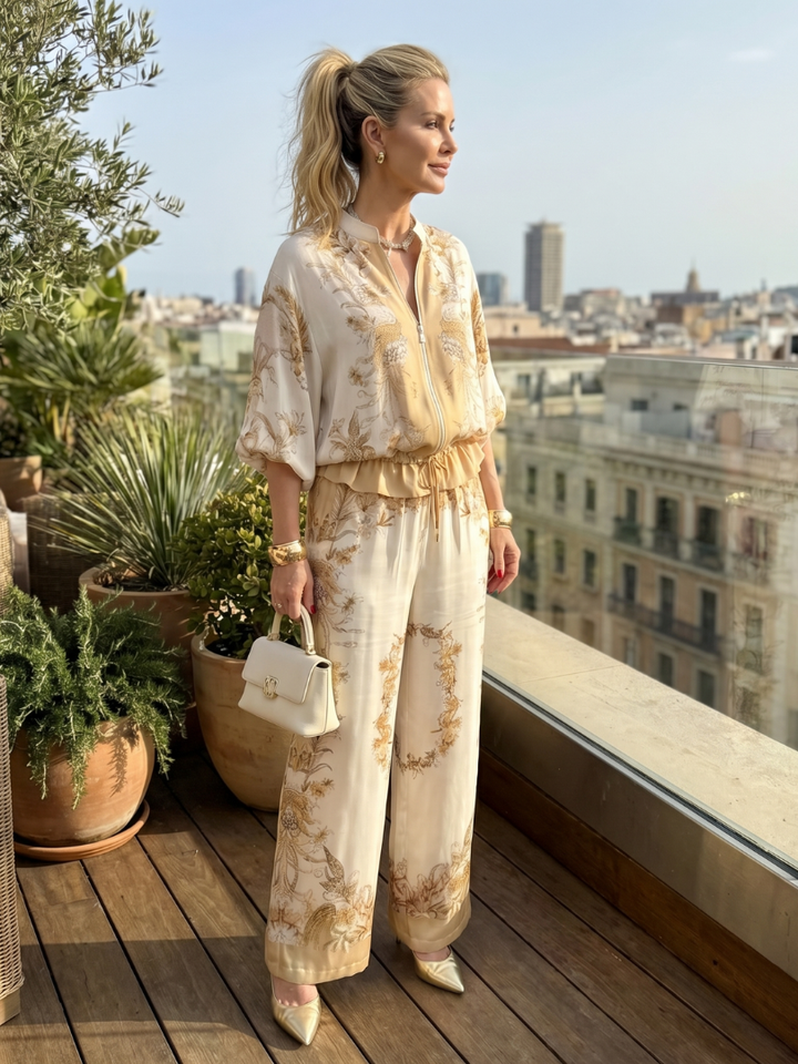 Printed pants set in cream with tan floral, relaxed blouse and wide-leg trousers