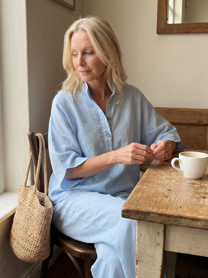 Sky blue button blouse and wide-leg pants set, relaxed fit with gold front buttons.