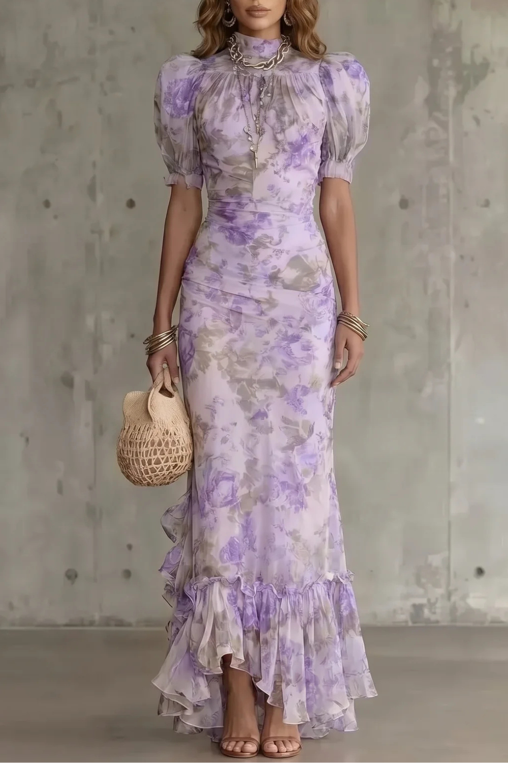 Lilac floral puff-sleeve maxi dress with gathered high neckline and tiered hem