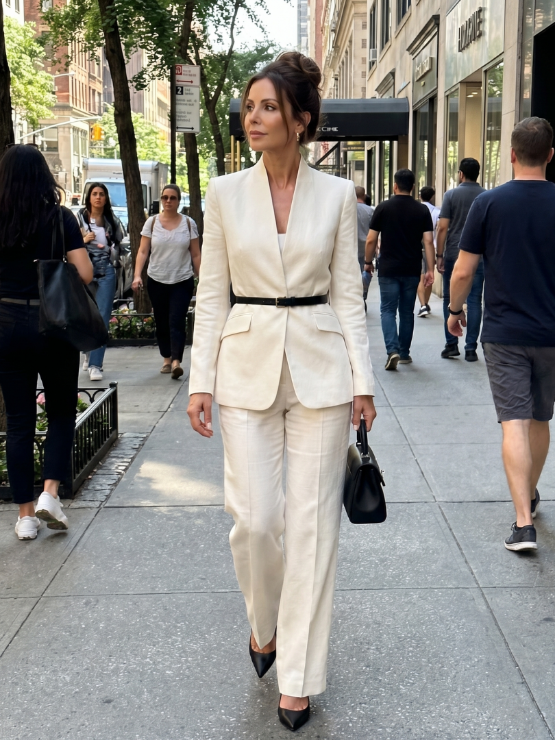 Women's belted blazer set in white with blazer lapels and belted waist, straight-leg pants