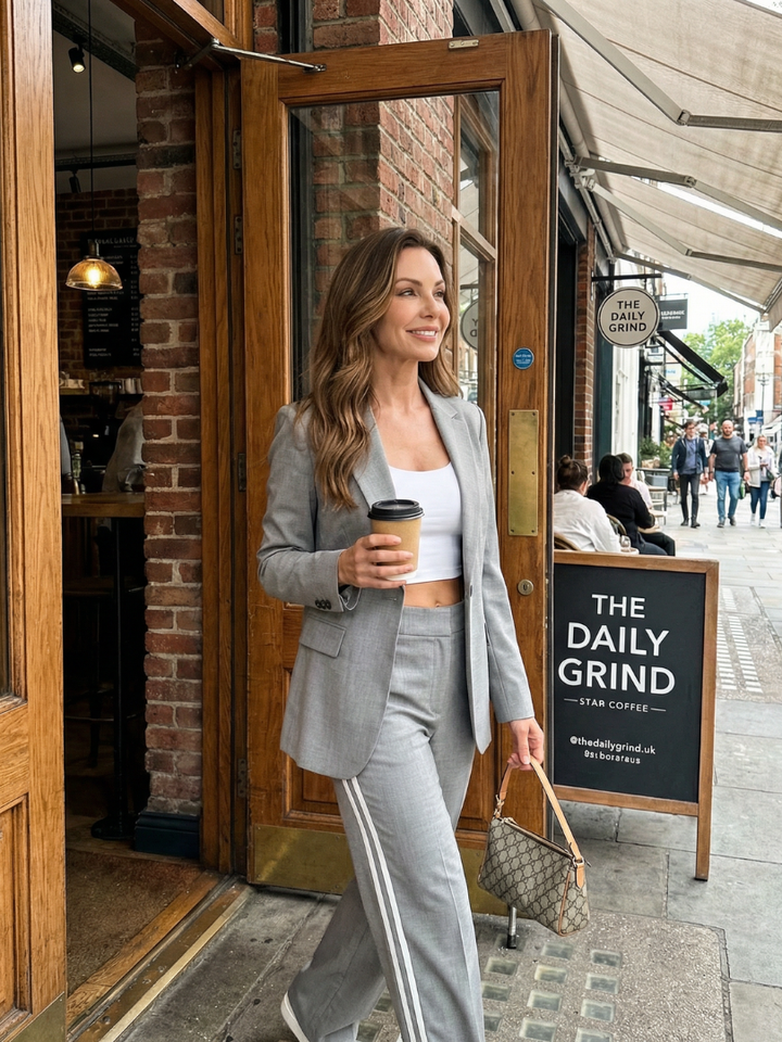 Gray women's blazer set with notched blazer and wide-leg trousers with white side stripe