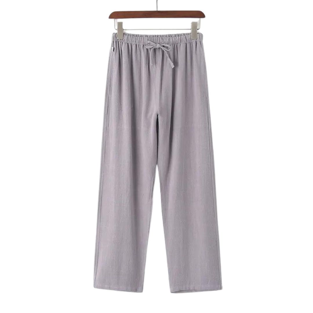 Lavender linen pants with elastic waistband and tie drawstring, straight relaxed legs