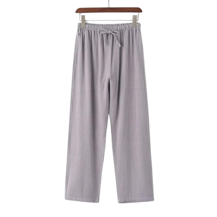 Lavender linen pants with elastic waistband and tie drawstring, straight relaxed legs