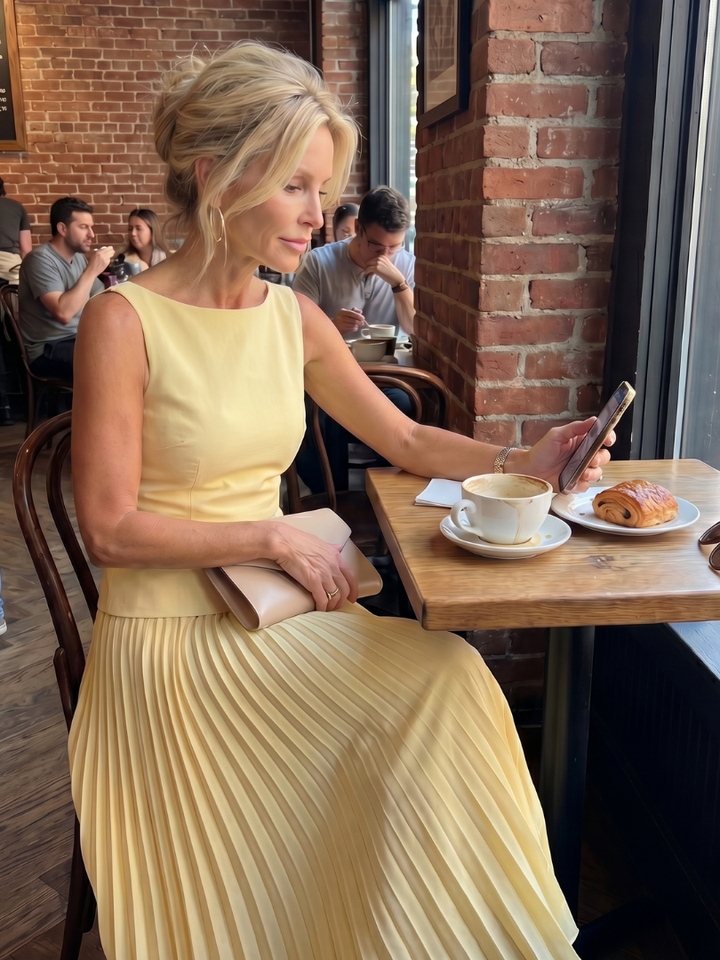 Yellow sleeveless top and pleated midi skirt, seated at cafe table