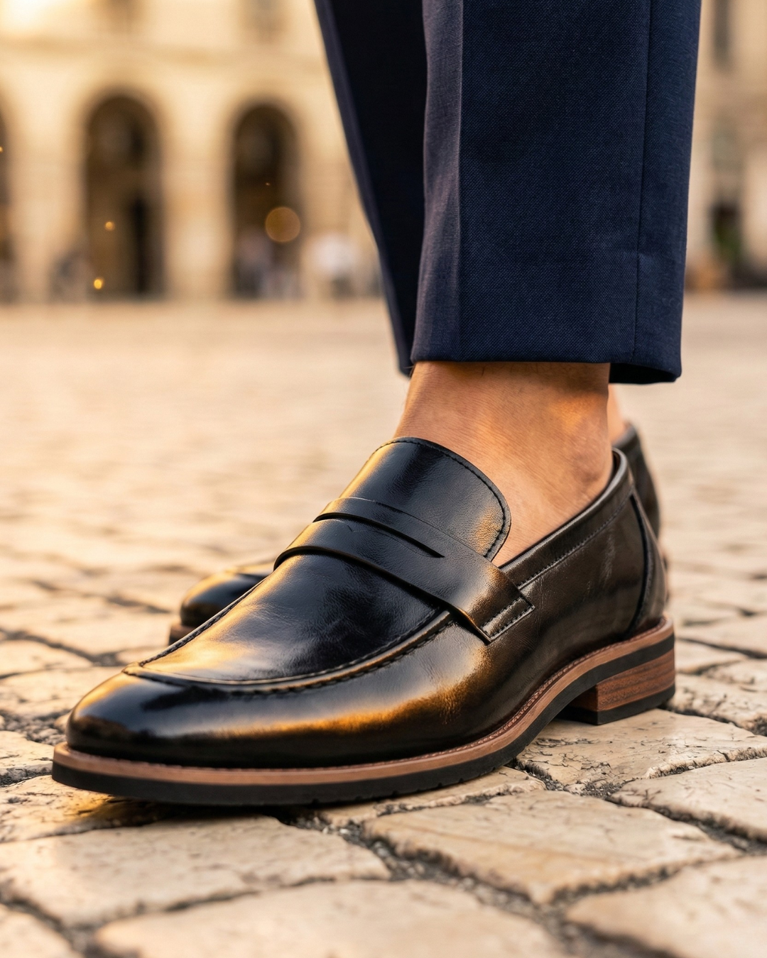 Black leather loafer with strap detail and low stacked sole
