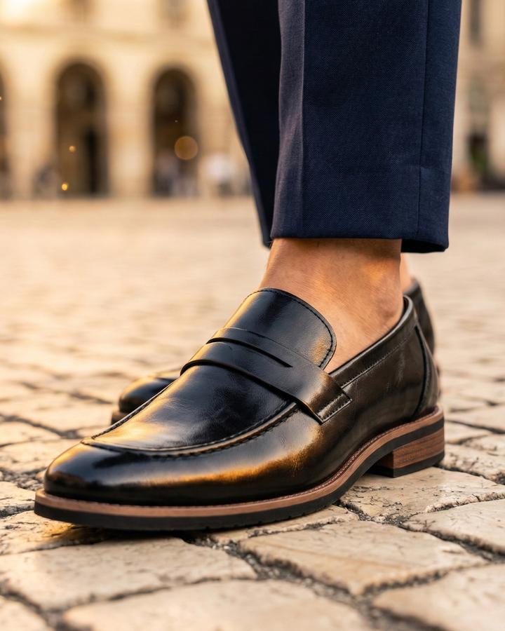 Black leather loafer with strap detail and low stacked sole