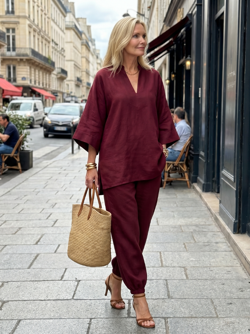 Burgundy women’s V-neck two-piece set with loose tunic top and relaxed ankle pants, standing
