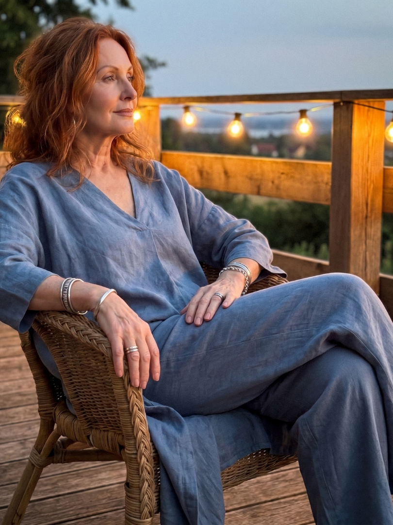 Blue linen two-piece set seated: V-neck tunic top and wide-leg pants with relaxed drape.